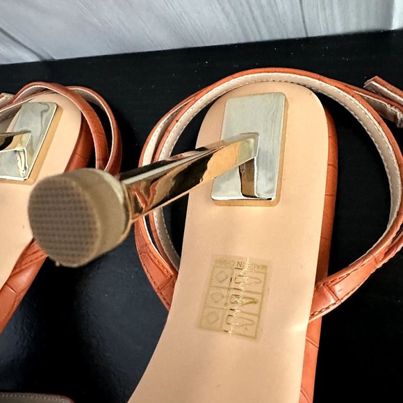 Women's High Sandals Buckle Heel Orange -  Heel Gold Color - Square Open Toe - Picture 5 of 6